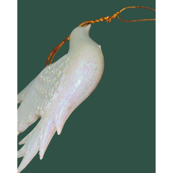 Vintage White Glitter Dove Hanging Ornaments Set Of 2 Gold Strings - Picture 6 of 9